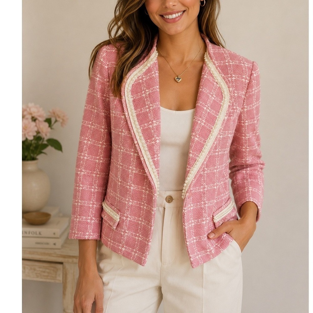 Maya Brooke Pink Plaid Pearl Trim Open Front Cropped 3/4 Sleeves Blazer 16